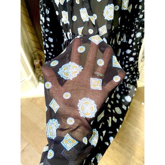 Free People black paisley Sheer Mock Neck Mini Dress flare top sz L Black - Picture 3 of 11